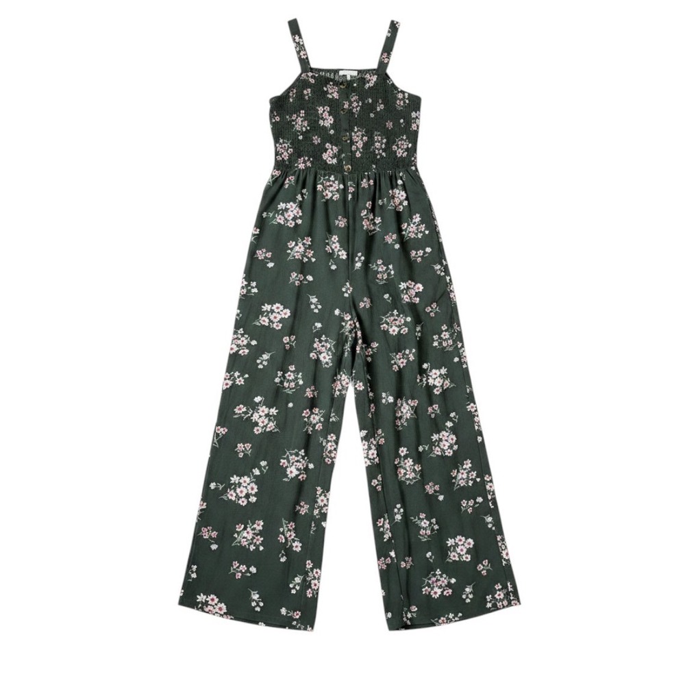 No Boundaries Boho Fall XL Green Floral Smocked Wide Leg Jumpsuit